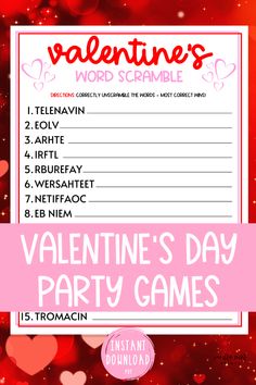 valentine's day party game with hearts on it and the words valentine's day written