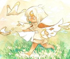 a drawing of an angel girl running in the grass with her wings spread out and two birds flying overhead