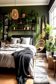 a bedroom with green walls and plants on the shelves above the bed, along with an area rug