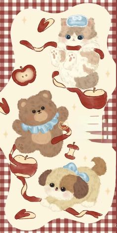 two teddy bears sitting next to each other on a checkered tablecloth with apples