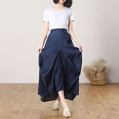 "★★ FEATURES 70% cotton, 30% terylene Linen skirt Elastic back waist Two big pockets Asymmetrical skirt Long Linen skirt High low skirt Maxi skirt Perfect for summer,spring,autumn Wash by hand or machine with cold water ★★ The model's height approx 165cm (5′5″) with the 84cm (33\") bust, 66cm (26\") waist. She is wearing a size XS ★★ Please select custom order according to the follow situation Request similar length effect as model wear Your height is not between 155cm and 175cm Your weight is n Baggy Spring Midi Skirt, Summer Baggy Pleated Bottoms, Cotton Relaxed Fit Pleated Skirt, Relaxed Fit Cotton Pleated Skirt, Cotton Pleated Skirt With Relaxed Fit, High Waist Cotton Skirt With Relaxed Fit, Baggy Pleated Maxi Skirt, Baggy Cotton Pleated Skirt, Spring Baggy Lined Maxi Skirt