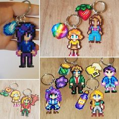 four different pixel keychains are shown in three different pictures, each with an image of the same character