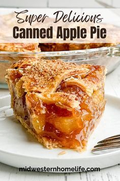 a close up of a slice of pie on a plate with the words super delicious canned apple pie