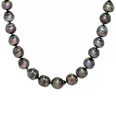 Measures approximately 3/10 of an inch in width and has a hidden box clasp. Colors, shapes, and sizes may vary. Single Strand Tahitian Pearl Jewelry With Round Beads, Classic Necklace With Box Clasp For Gift, Black Tahitian Pearl Single Strand Jewelry, Round Tahitian Pearl Jewelry With High Luster, Tahitian Pearl Jewelry With High Luster, Black Tahitian Pearl Fine Jewelry, Classic Tahitian Pearl Necklace For Anniversary, Briolette Jewelry With Sterling Silver Clasp As Gift, Classic Formal Necklace With Box Clasp