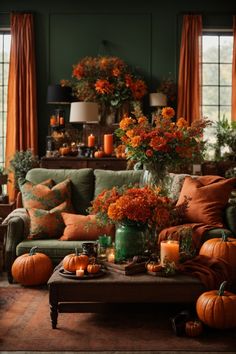 Discover the tranquil allure of fall in this charming setup from our “Fall Farmhouse Living Room Decorating Ideas” blog post. This inviting space features an elegant deep green backdrop, complemented by a luxurious olive sofa laden with cozy cushions. A rustic coffee table draws the eye with its vivid display of pumpkins, candles, and lush autumnal florals. The harmonious blend of rich colors and sumptuous textures creates a serene farmhouse retreat perfect for savoring the crisp fall air. Living Room Living Room Decor, Cozy Home Colors, Cottage Interior Living Room, Blush Fall Decor, Autumn Decorating Living Room, Autumn Interiors, Pink Fall Decor, Floral Living Room, Autumn Living Room