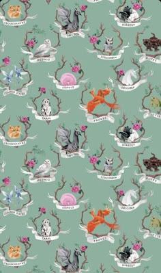 an animal themed wallpaper with many different animals on it's branches and ribbons