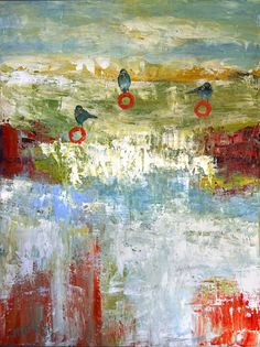 an abstract painting with birds sitting on top of circles in red, white and blue