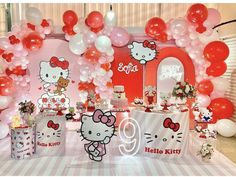 a hello kitty birthday party with balloons and decorations