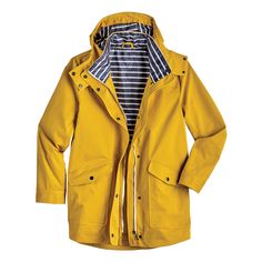 It's the raincoat you've seen in movies (possibly referred to as a "slicker"), maybe even worn yourself at some point in the past. This classic, bright yellow rain jacket has a drawstring hood, full zip front with snap storm flap, slanted snapclosure pockets and cuffs, and snapclosure yoke on the backside. The breathable, water-resistant jacket is fully lined in navy and white striped polyester. 100% polyester. Imported. Sizes: S(6-10), M(10-14), L(14-18), XL(18-20), XXL(20), 1X(22-24), 2X(24-26 Rain Coat Aesthetic, Rain Coat Outfit, Coraline Cosplay, Tmnt Au, Modelling Ideas, Yellow Rain Jacket, Rain Slicker, Yellow Raincoat, Costume Inspo