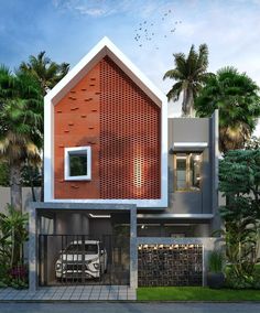 a modern house with a car parked in the driveway and palm trees around it,