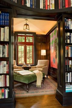 an image of a living room with bookshelves