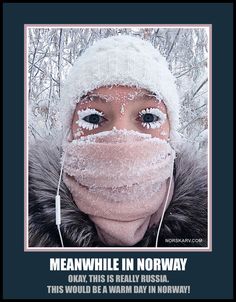 a woman with snow on her face wearing a scarf over her head and covering her eyes