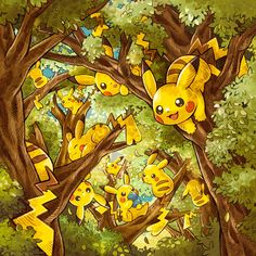 a painting of pikachu and other pokemons in a tree with lightning bolts