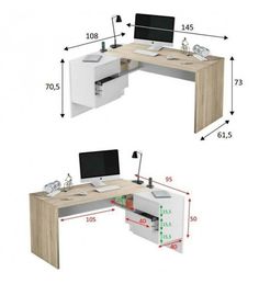 two computer desks are shown with measurements for each one and the other side by side