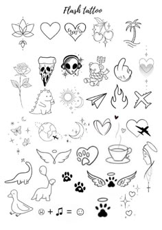 a bunch of different tattoos on a white background with the words flash tattoo written in black ink