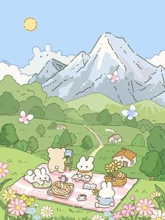 an image of a cartoon picnic in the mountains with bunnies and teddy bears on a blanket