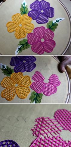 two pictures show different designs on the same piece of fabric, and one shows how to make an applique