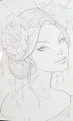 a drawing of a woman with flowers in her hair