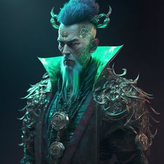 a man with blue hair and green eyes wearing an elaborate costume, standing in front of a black background