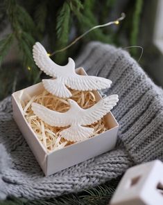 two white doves are in a small box