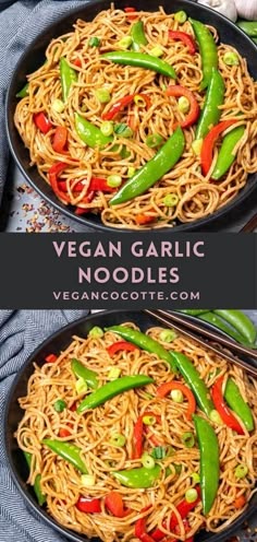 two pans filled with vegan garlic noodles