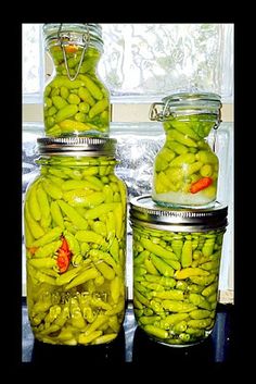 three jars filled with pickles sitting on top of a counter next to a window