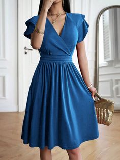 Blue Elegant Collar Short Sleeve Knitted Fabric Plain A Line Embellished Medium Stretch  Women Clothing Elegant Midi Dresses, Knitted Coat, Cath Kidston, Women Midi, Dress 16, Blue Midi Dress, Womens Midi Dresses