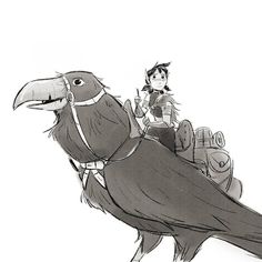 a black and white drawing of a bird with a person on it's back