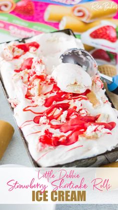 ice cream in a loaf pan with a scoop rolled up by an ice cream scoop. A box of Little Debbie shortcake rolls is in the background. Strawberry Shortcake Roll Recipe, Strawberry Shortcake Roll, Chilli Seasoning, Strawberry Recipes Easy, Homemade Strawberry Shortcake, Sponge Cake Filling, Mini Meatloaf, Ground Chuck