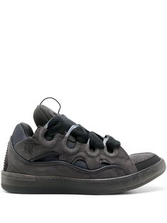 anthracite grey calf leather panelled design oversize tongue perforated toebox round toe front lace-up fastening flat rubber sole European Men, Lanvin Shoes, Pewter Grey, Lace Sneakers, Brown Sneakers, Sneakers Grey, Online Shopping Clothes, Lanvin, Mens Shoes Sneakers