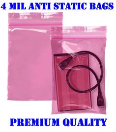 two pink bags are shown with the words, 4 mil anti static bags premium quality