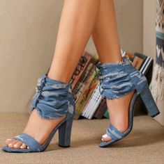 Blue Ripped Chunky Heeled Denim Ankle Strap Sandals Back Zipper High Heel 3.7 Inch Baby Blue Upper Material: Denim Lining Material: Pu Leather Insole Material: Pu Leather Outsole Material: Pvc Shoes Design Ideas, Bridal Sneakers, Homecoming Shoes, Shoe Makeover, Chunky Heels Casual, Denim Heels, Denim Sandals, Fashion Design Sketch, African Lace Dresses