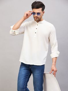 Vastramay Men's Cream Short Cotton Kurta Kurta Jeans Outfit For Men, Cotton Kurta For Men, Kurta For Men, Jeans Outfit Men, Short Kurta, Men Cream, Cream Shorts, Cream Fabric, Cotton Kurta