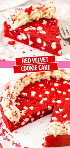 red velvet cookie cake with white frosting and sprinkles