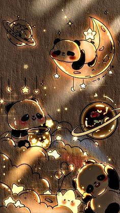 an image of some cartoon animals in the sky with stars and planets around them on a brown background