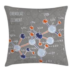 a gray pillow with an orange, blue and white graphic design on it that says chemical element