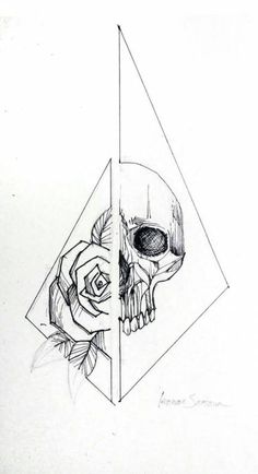 a pencil drawing of a skull with a rose in it's mouth and an inverted triangle