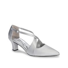 Easy Street-Elegance Pump Get your party looks some extra shimmer from the Elegance pump by Easy Street. The cross-strap pump, made adjustable with buckle closure, is finished with a sleek pointy toe and tapered heel. A heel-to-toe padded footbed offers the comfort your feet deserve. Metallic Silver Heels With 4-inch Heel For Formal Occasions, Elegant Metallic Silver Heels With Heel Strap, Metallic Silver 4-inch Heels For Formal Occasions, Metallic Silver Heels For Spring Formal, Spring Formal Metallic Silver Heels, Silver Heels With Heel Strap For Formal Occasions, Trending Handbags, Silver Pumps, Love Only