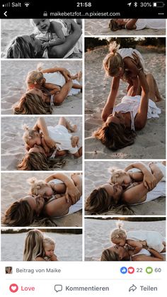 two women are kissing on the beach with one woman laying down and another standing up