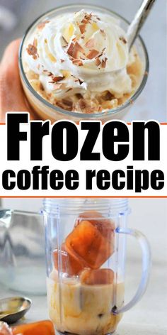 frozen coffee recipe in a blender with text overlay