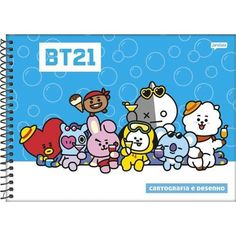 a notebook with cartoon characters on it and the words bt2 written in blue ink