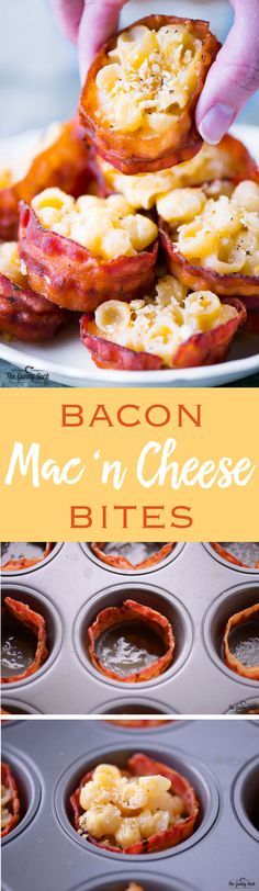 bacon mac'n cheese bites in muffin tins with text overlay that says bacon mac'n cheese bites