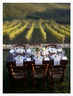 an outdoor table set with plates and silverware in front of rows of vineyards