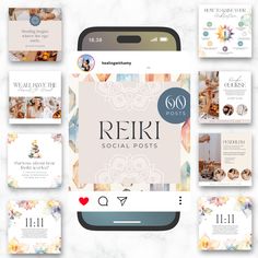 the social post design for reii is displayed on an iphone screen and surrounded by other images