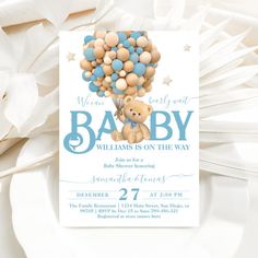 a baby is on the way card with a teddy bear and balloons attached to it