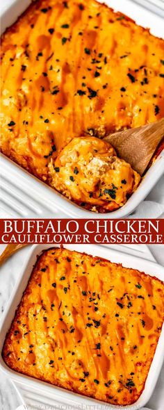 two images showing how to make buffalo chicken casserole with cheese and parsley