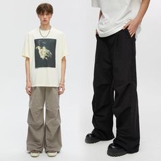 Pleated Parachute Cargo Pants - chiclara Wide-leg Work Pants With Cargo Pockets For Streetwear, Oversized Straight Leg Cargo Pants, Casual Oversized Straight Leg Cargo Pants, Baggy Wide Leg Work Pants For Streetwear, Baggy Wide-leg Cargo Work Pants, Baggy Wide Leg Cargo Work Pants, Cotton Wide Leg Techwear Pants, Cotton Wide Leg Pants In Techwear Style, Wide Leg Cotton Pants In Techwear Style