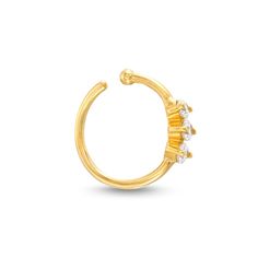 A trio of sparklers adds shine to your attire in this dainty nose ring. Crafted in 14K yellow gold Gauge: 020 Tube Length: 8MM The round-cut cubic zirconia stones measure 1.8mm Elegant Hypoallergenic 14k Gold Nose Rings, 14k Gold Septum Ring, Dainty 14k Gold Nose Ring For Wedding, Hypoallergenic Yellow Gold Nose Rings For Anniversary, Dainty Nose Ring, Gold Gauges, Round Cut, Cubic Zirconia, Nose Ring