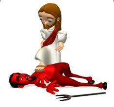 the jesus is being carried on his back by an evil man in red and white