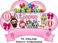 a happy birthday card with cartoon animals and balloons in the background, on a pink ribbon